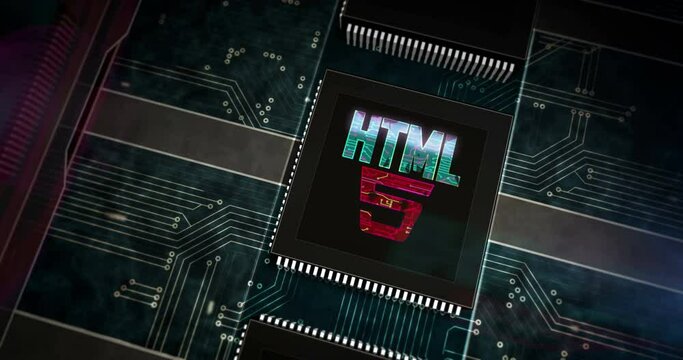 HTML5 development symbol, web programming language icon, internet technology and www network coding concept. Futuristic 3d rendering loopable seamless abstract animation. Processor factory burning.