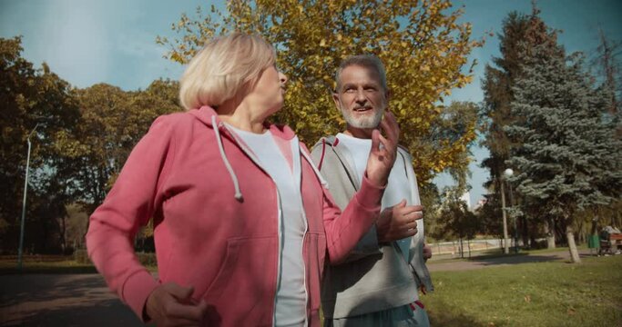 Smiling mature friends jogging together, cardio training, recreation outdoors