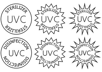 UV-C sterilizer and disinfection stamp. Sanitation device information sign. Round badges. Antimicrobial UVC Light Sanitation. Surface cleaning badges. Vector