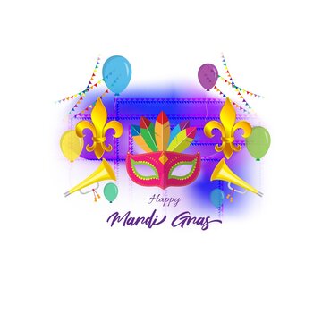 Vector illustration of Mardi Gras carnival celebration concept banner with beautiful venetian mask, balloons, symbols, party horns decoration.