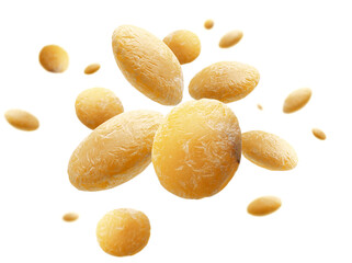 Yellow lentils levitate on a white background