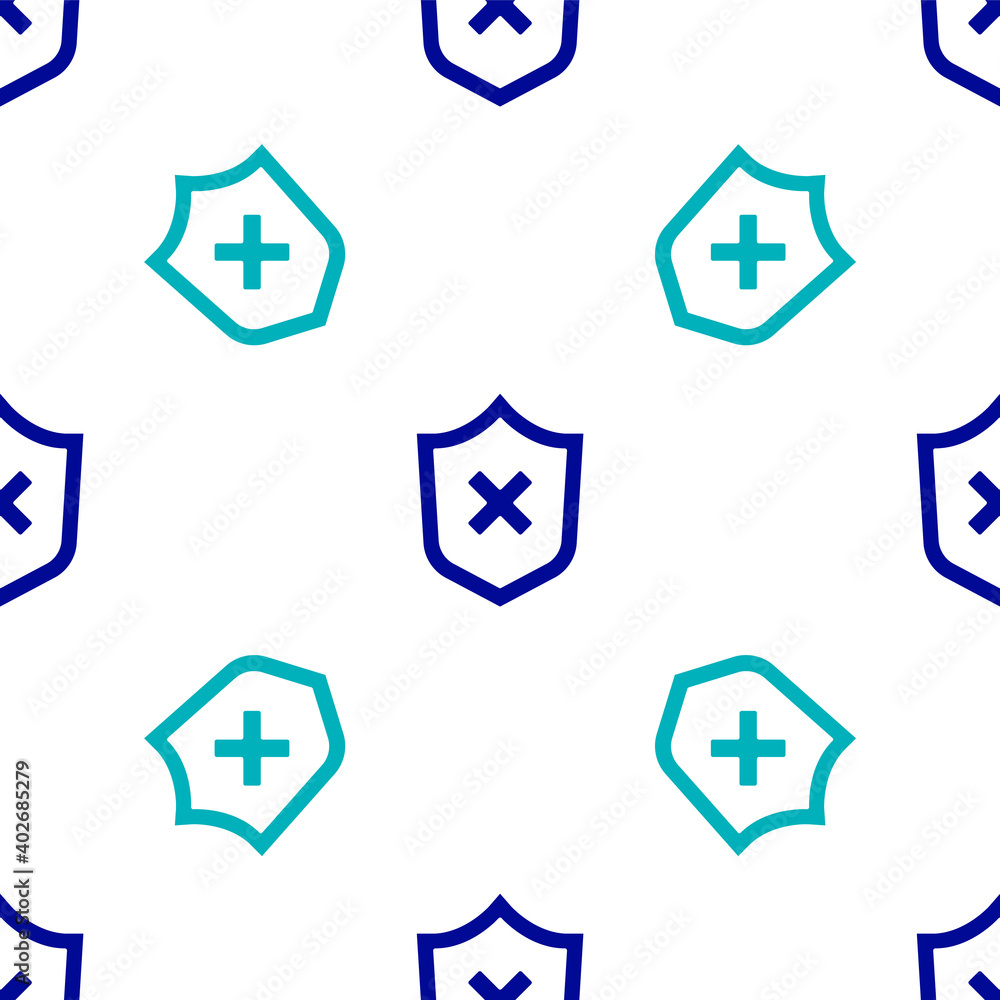 Poster blue shield with cross mark icon isolated seamless pattern on white background. shield and rejected.