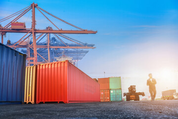 Containers and cargo cranes in the port, international cargo shipping concept
