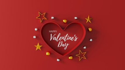 happy valentine's day concept. heart shape gift box on red background. space for text. flat lay. top view. 3D illustration