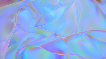 Polyethylene. Transparent Rainbow Plastic or Glass. Holographic Rainbow foil. Neon background. Abstract  3D rendering