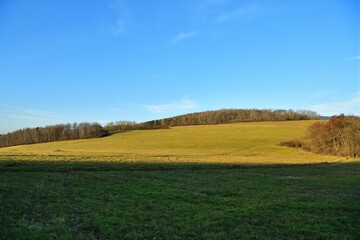 View of the landscape with a large meadow and blue sky during a sunny autumn