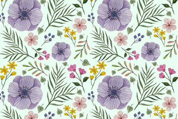 Seamless floral pattern with flowers Anemone in vintage watercolor style and decor of golden texture. Vector illustration on white background.