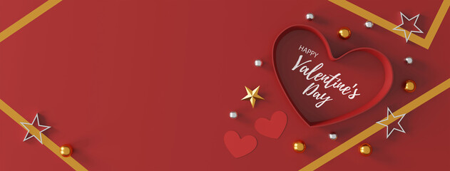 happy valentine's day concept. heart shape gift box on red background. space for text. flat lay....