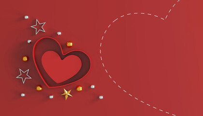 Obraz na płótnie Canvas happy valentine's day concept. heart shape gift box on red background. space for text. flat lay. top view. 3D illustration
