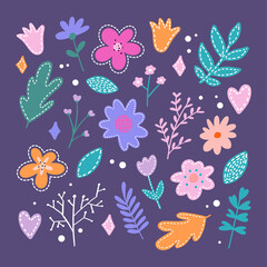 Fototapeta na wymiar Set of flat Spring flower icons in silhouette isolated on white. Cute retro illustrations in bright colors for stickers, labels, tags, scrapbooking.