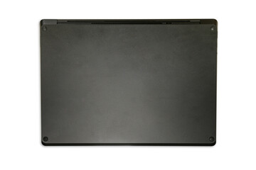 Close-up top view of laptop in black color on white background