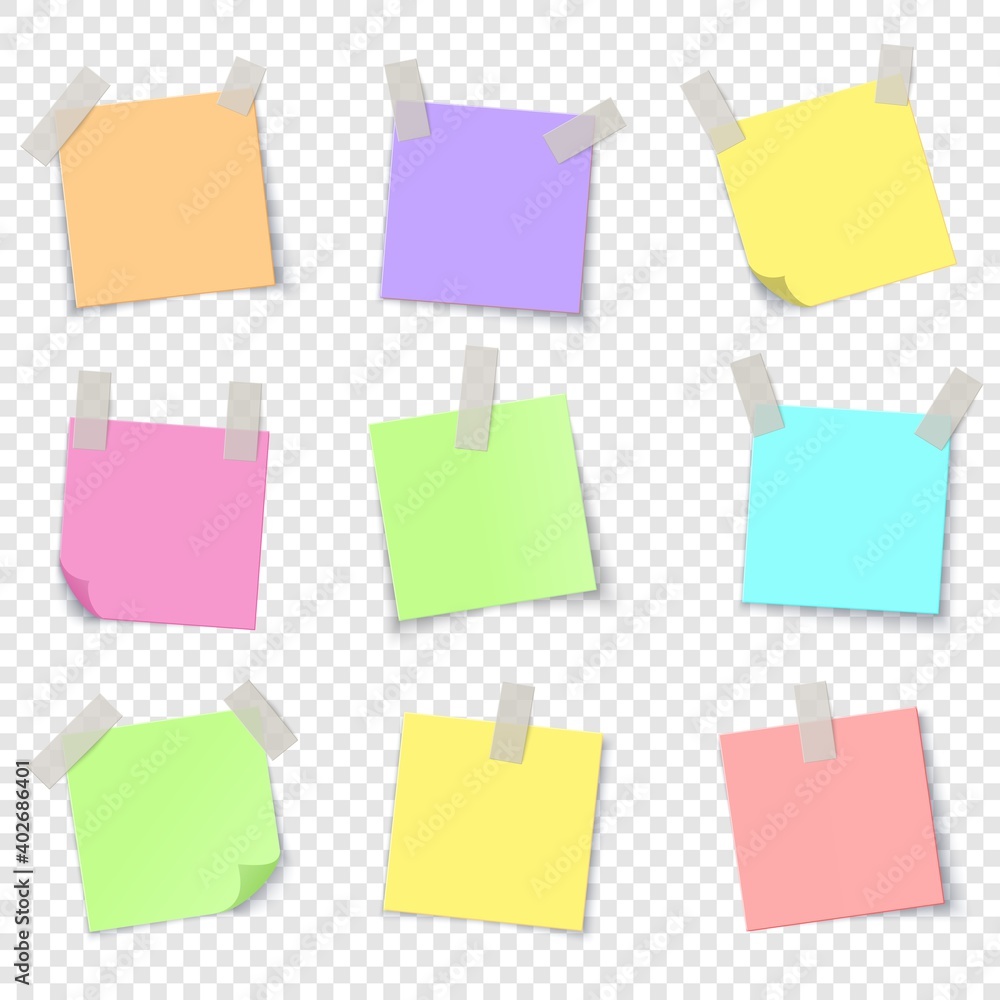 Poster notepaper. realistic colorful papers with adhesive tape. blank stickers, glued reminders on transpar