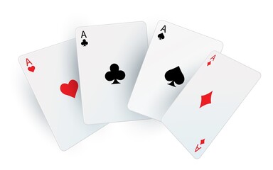 Playing poker cards. Realistic fan of aces. Isolated square white cardboards. Black and red suit signs. Equipment for casino. Lucky combination in gambling. Risky games and bet, vector illustration