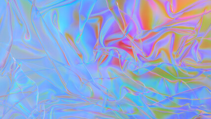 Polyethylene. Transparent Rainbow Plastic or Glass. Holographic Rainbow foil. Neon background. Abstract  3D rendering