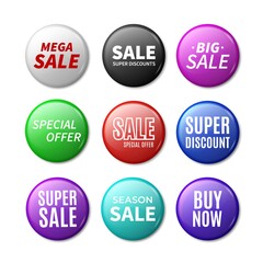 Round sale badges. 3D promotional brooches. Collection of colorful circle tags with white lettering. Isolated advertising labels. Special offer or discount signs. Glossy surface with text, vector set