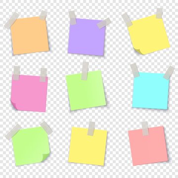 Notepaper. Realistic colorful papers with adhesive tape. Blank stickers, glued reminders on transparent background. Collection of isolated notepad sheets with folded corners and copy space, vector set