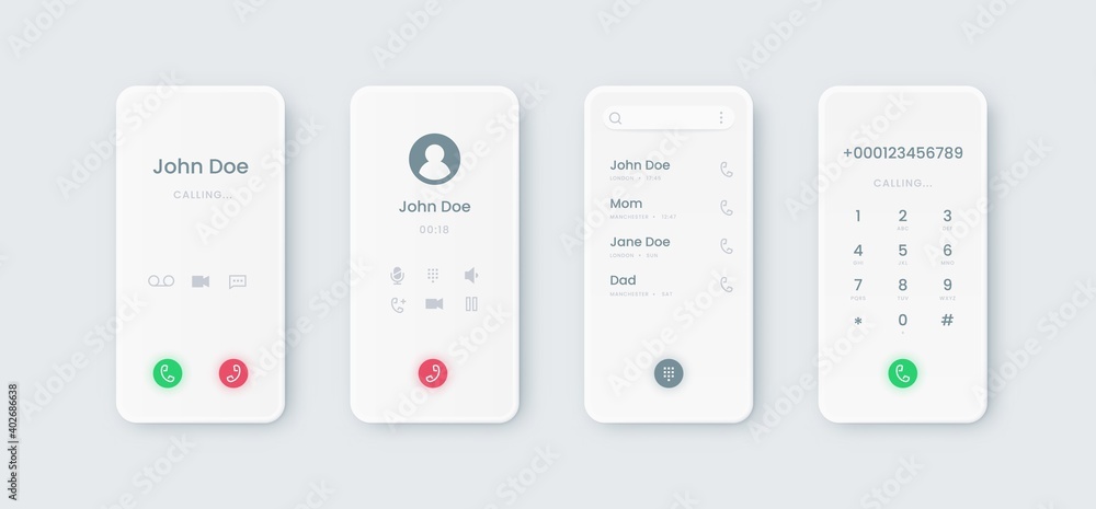 Poster Phone call UI. Incoming touchscreen interface mockup with dial. Communication smartphone application display design with phone book and numbers or buttons. Modern mobile screens templates, vector set