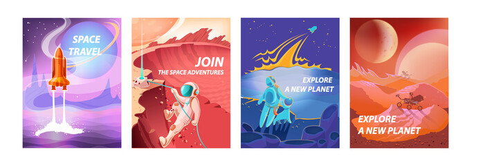Space landscape posters. Cartoon cosmonauts in spacesuits exploring galaxy. Cosmic travel and adventure. Astronauts flying to alien planets in spaceship. Decorative banners with lettering, vector set © SpicyTruffel