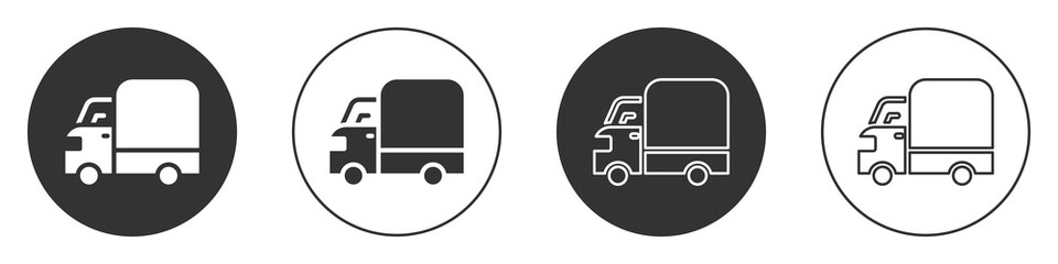 Black Delivery cargo truck vehicle icon isolated on white background. Circle button. Vector.