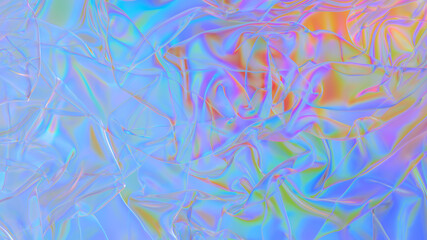 Fototapeta na wymiar Polyethylene. Transparent Rainbow Plastic or Glass. Holographic Rainbow foil. Neon background. Abstract 3D rendering