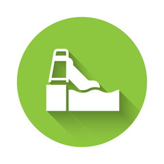 White Water slide with pool icon isolated with long shadow. Aquapark. Green circle button. Vector.