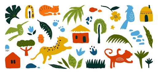 Abstract scribble set. Trendy exotic floral bright colored elements, curvy geometry shapes, doodle houses and wild animals. Creative cartoon texture vector contemporary freehand isolated collection