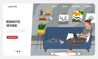 Freelance landing page. Cartoon young woman in casual clothes with laptop working comfortably from home, remote online employee. Website interface with buttons. Modern UI design, vector wed mockup