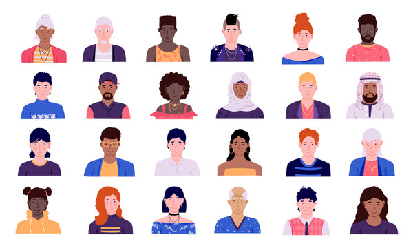 People Avatars. Men And Women Multi Ethnic Cartoon Character Icon Collection, Male And Female Person Heads With Shoulders Front View User Profile Portrait Vector Doodle Different Race Simple Style Set