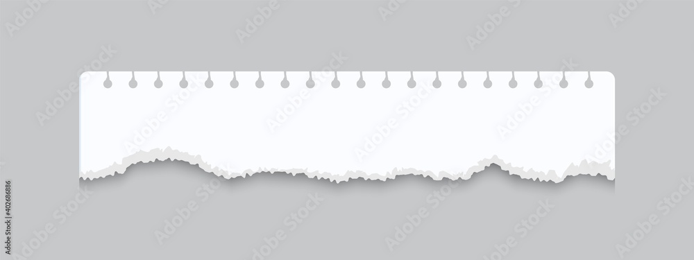 Poster Torn notebook page. Realistic ragged sheet of notepad. Isolated blank fragment for writing. Ripped note paper with perforated edge and copy space. Separation line in border of paper, vector mockup