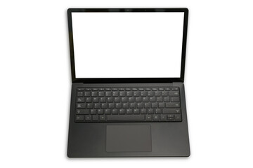 Close-up top view of laptop in black color on white background