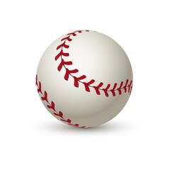 Realistic baseball ball. Leather 3D white softball. Curved shot with red. Isolated professional equipment for sport active team games. Stitched smooth surface. Vector single sphere for matches