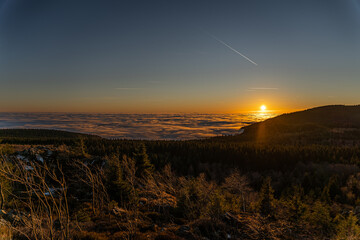Sunset over the Ore Mountains in Czech republic.