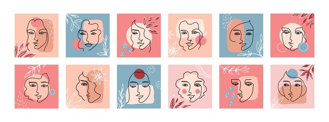 Abstract faces. Contour female portraits. Cartoon woman outline heads on colorful background. Contemporary painting with one line flowers and geometric shapes. Facial expressions, vector flat set