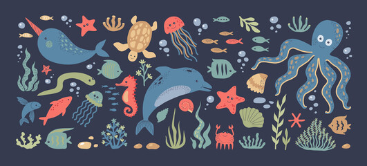 Meerestiere. Doodle Ozean Unterwasserbewohner. Bunte Meeresfische und Delfine, Tintenfische oder Schildkröten. Isolierte Quallen und Seepferdchen schwimmen zwischen Algen und Luftblasen. Vektor Unterwasserfauna set