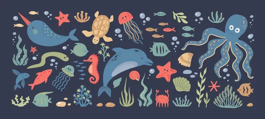 Poster In de zee Zeedieren. Doodle oceaan onderwater bewoners. Kleurrijke zeevissen en dolfijnen, octopus of schildpad. Geïsoleerde kwallen en zeepaardjes zwemmen tussen algen en luchtbellen. Vector onderzeese fauna set