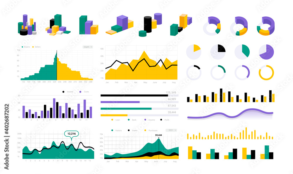 Leinwandbilder Data infographic. Statistic round charts. Graphic progress bars and diagrams. Colorful business presentation elements. Visualization indicators with circles and columns graphs, vector isolated set