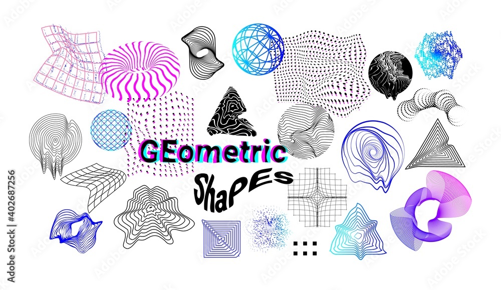 Poster Digital shapes. Abstract cyberpunk graphic elements. Decorative flowing down textures and glitch effect. Wavy grid or geometric forms. Outline poster with lettering. Vector futuristic illustration