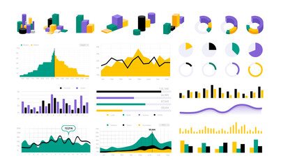 Fototapeta premium Data infographic. Statistic round charts. Graphic progress bars and diagrams. Colorful business presentation elements. Visualization indicators with circles and columns graphs, vector isolated set