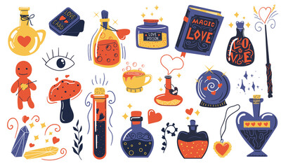 Love potion. Doodle magical elixir. Bottles and vials with alchemical beverages. Isolated witchcraft tools and mystical symbols. Spell book or fortune-telling cards. Drink to awaken senses, vector set