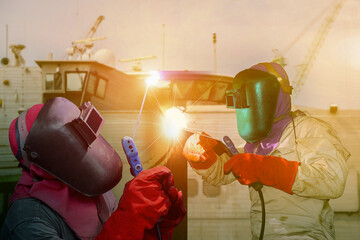 Shipyard two Worker welding ship repair by building industrial ship on bridge deck ship background
