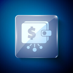White Cryptocurrency wallet icon isolated on blue background. Wallet and bitcoin sign. Mining concept. Money, payment, cash, pay icon. Square glass panels. Vector.