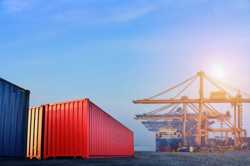 Industrial port with container import export business and logistics shipping cargo with harbor waiting transport to international