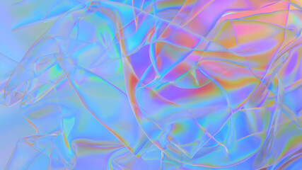 Polyethylene. Transparent Rainbow Plastic or Glass. Holographic Rainbow foil. Neon background. Abstract  3D rendering