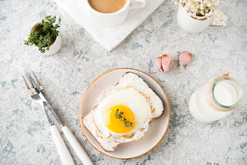 Breakfast of toast with fried egg on a plate