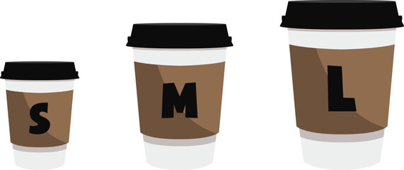 Cups of coffee 3 types isolated on white background. Small medium and large glass of coffee.  Menu for a coffee shop