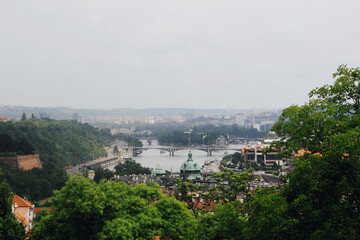 panoramic view of Prague with river and bridge