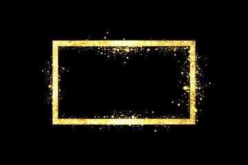 Golden frame with lights effects. Shining rectangle banner. Isolated on black background. Vector illustration