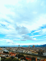 view of Florence from above. Arno river, cathedral, roofs, tower, chapel, bell tower, old bridge,