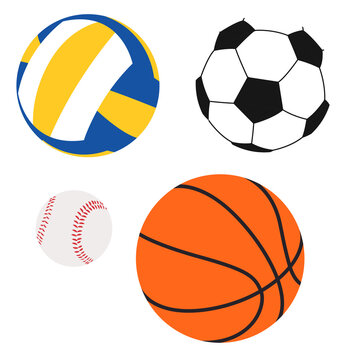 Football, basketball, volleyball and baseball balls.  Vector Balls Various Sports. Isolated White Background
