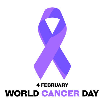 Purple ribbon and inscription on the bottom of February 4, the day of the fight against cancer.  Board or poster for the fight against cancer.Isolated on a white background.